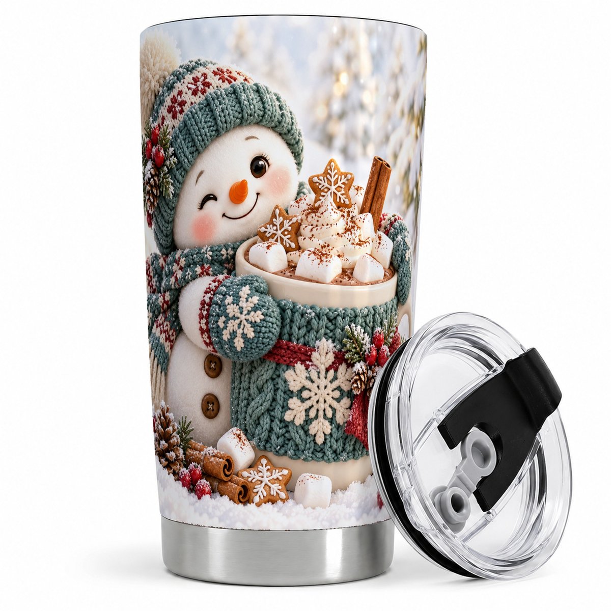 Christmas Snowman with Hot Cocoa Tumbler 20oz, Cozy Winter Art