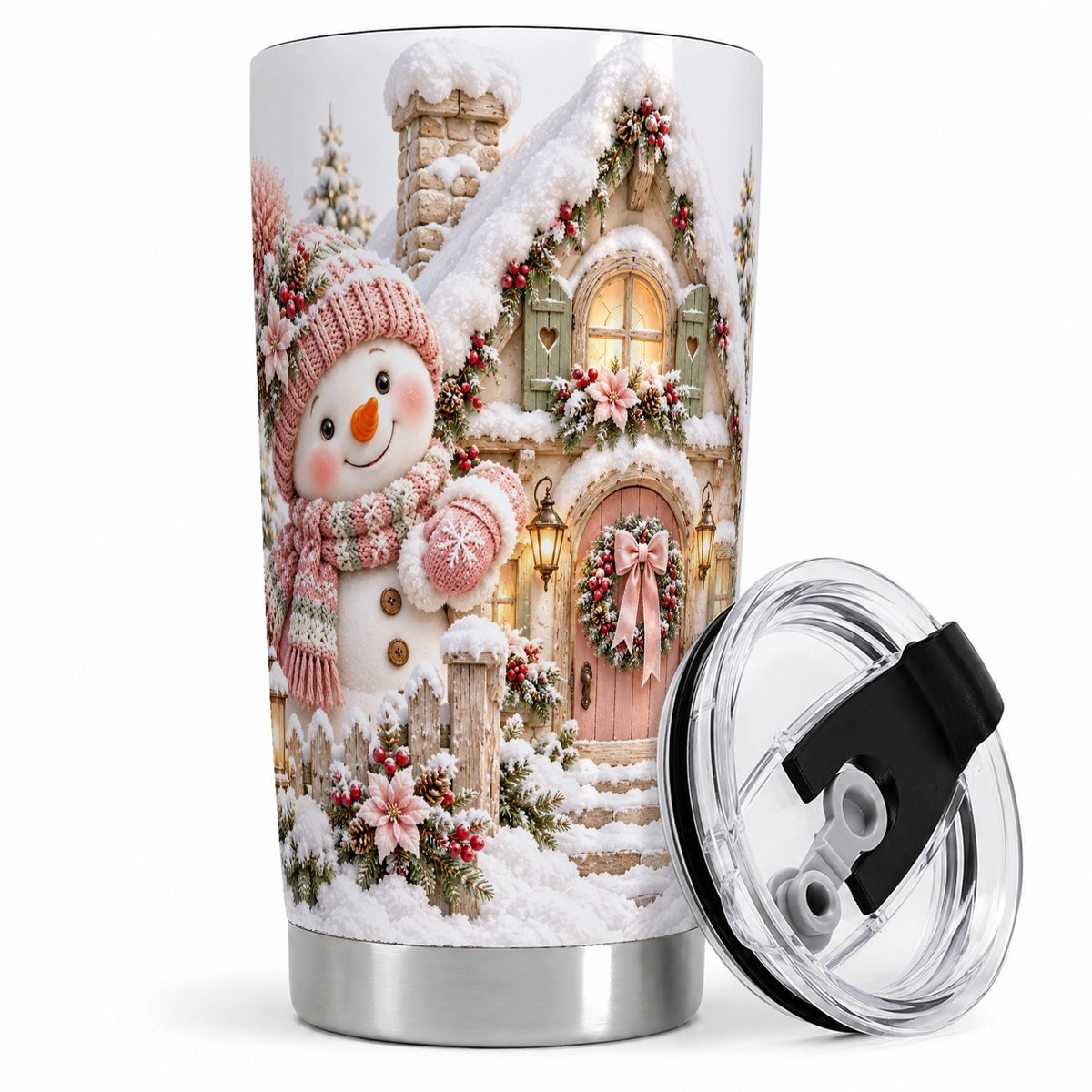 Christmas Snowman by Cottage Tumbler 20oz, Pink Hat