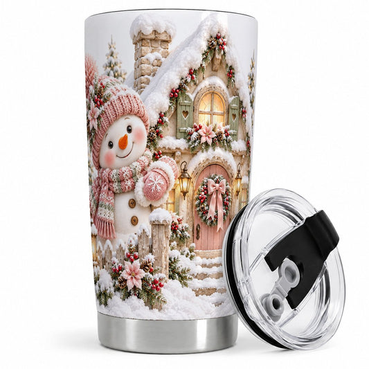 Christmas Snowman by Cottage Tumbler 20oz, Pink Hat
