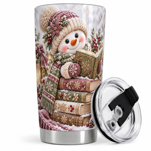 Winter Reading Snowman Tumbler 20oz, Cozy Book Art