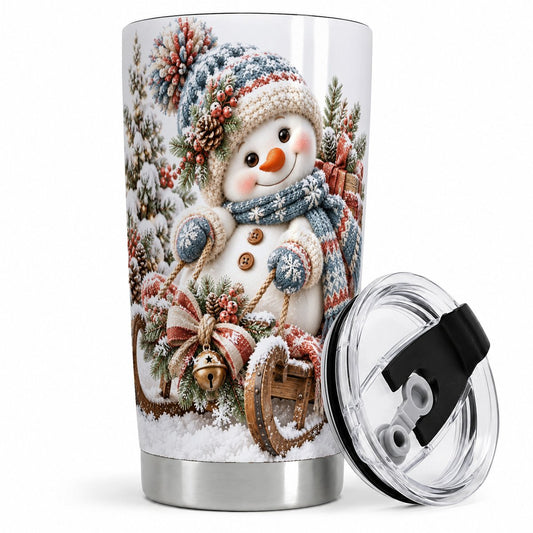 Christmas Snowman on Sled Tumbler 20oz, Winter Art
