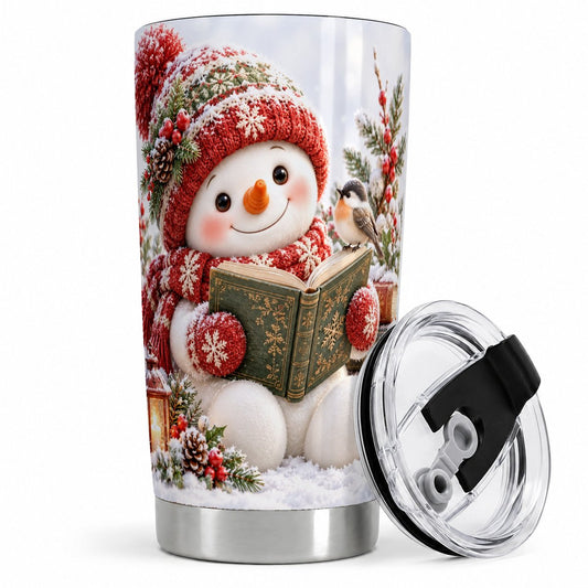 Reading Snowman Tumbler 20oz, Winter Book Artwork