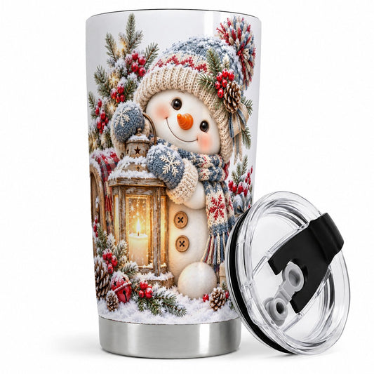 Christmas Snowman Tumbler 20oz, Rustic Lantern Artwork