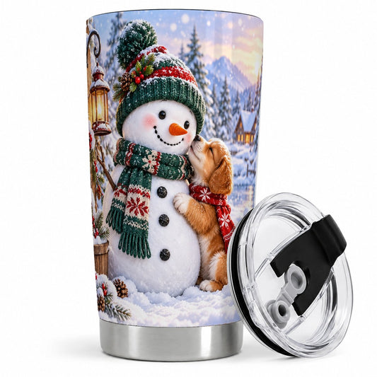 Snowman and Puppy Tumbler 20oz, Winter Cabin Artwork