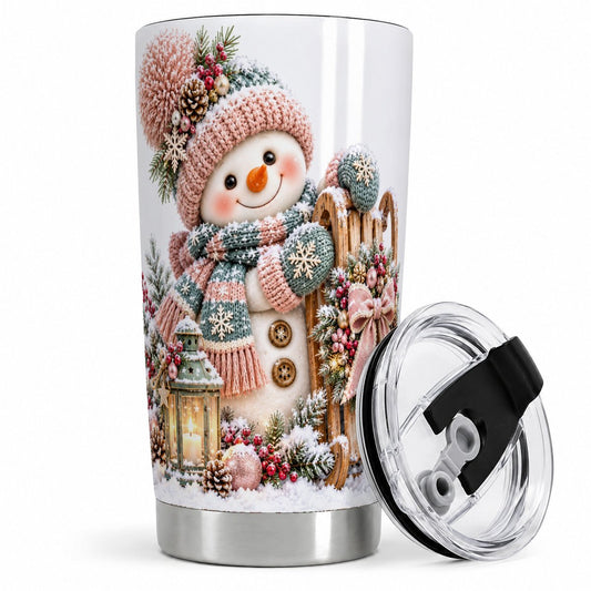 Winter Snowman Tumbler 20oz, Pink Scarf and Sleigh Art