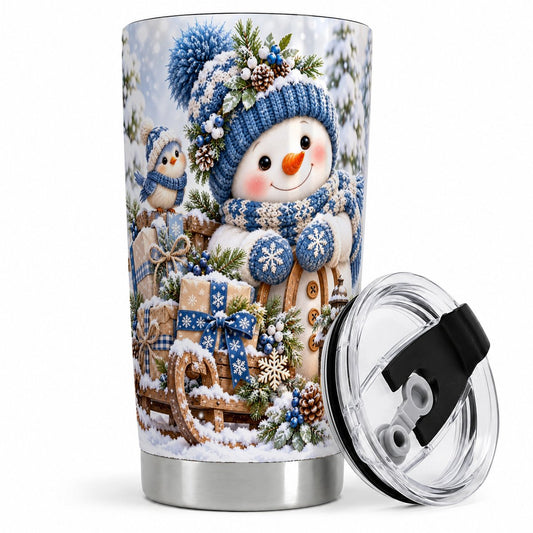 Christmas Snowman on Sled Tumbler 20oz, Knitted-Look Art