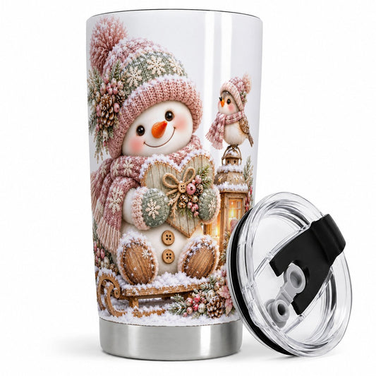 Pink Christmas Snowman with Heart Tumbler 20oz, Knit-Look Art