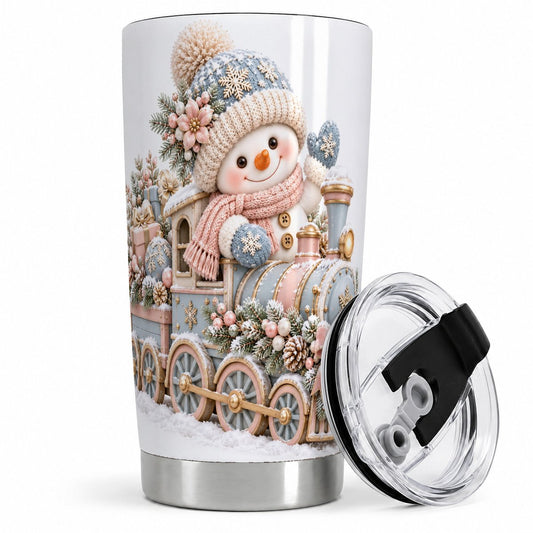 Snowman Christmas Train Tumbler 20oz, Knitted-Look Art