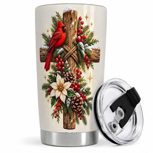 Christmas Cardinal Cross Tumbler 20oz, Rustic Winter Artwork