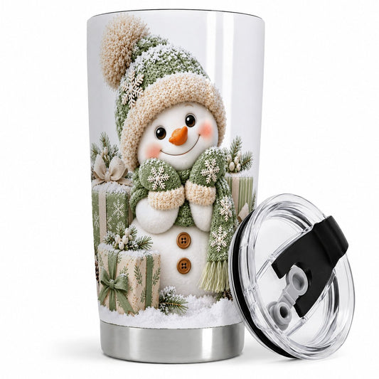 Green Christmas Snowman Tumbler 20oz, Knit-Look Art