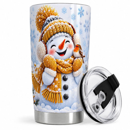 Winter Snowman Robin Tumbler 20oz, Snowflake Artwork