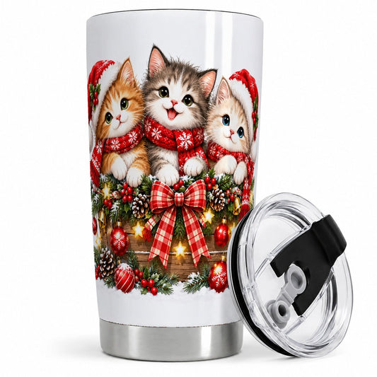 Three Christmas Kittens Tumbler 20oz, Holiday Artwork
