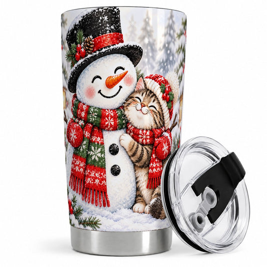 Christmas Snowman and Cat Tumbler 20oz, Winter Artwork