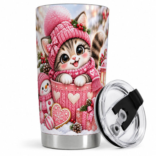 Pink Christmas Kitten Tumbler 20oz, Knit-Look Artwork
