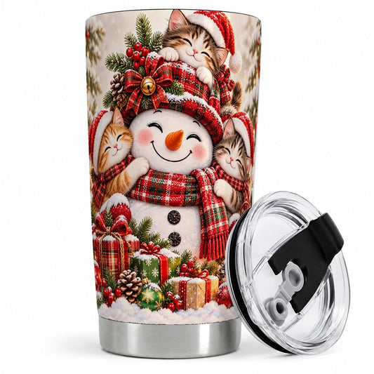 Christmas Snowman with Kittens Tumbler 20oz, Holiday Artwork