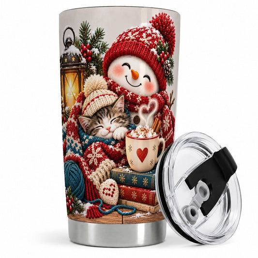 Christmas Snowman and Kitten Tumbler 20oz, Cozy Winter Scene