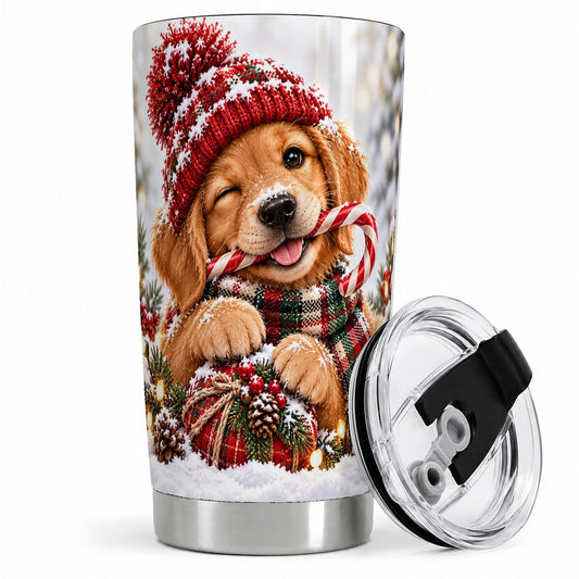 Christmas Golden Retriever Puppy Tumbler 20oz, Candy Cane Scene