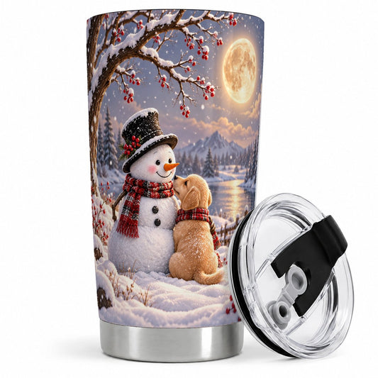Christmas Snowman and Puppy Tumbler 20oz, Moonlit Winter Scene