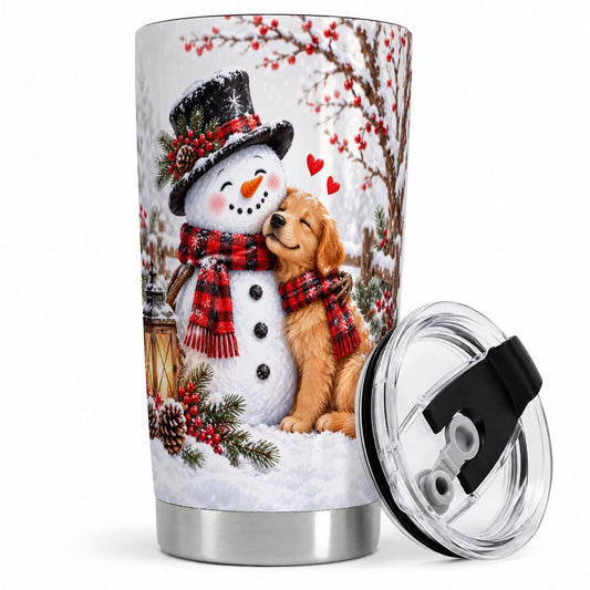 Christmas Snowman and Golden Retriever Tumbler 20oz, Winter Scene