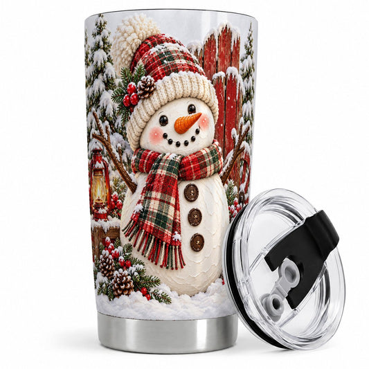 Rustic Christmas Snowman Tumbler 20oz, Red Sled Winter Scene