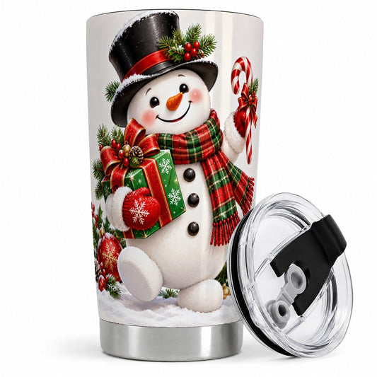 Christmas Snowman Tumbler 20oz, Candy Cane and Plaid Scarf