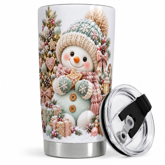 Pastel Christmas Snowman Tumbler 20oz, Decorated Tree Scene