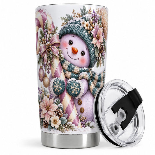 Christmas Snowman Candy Cane Tumbler 20oz, Pink Poinsettia Art