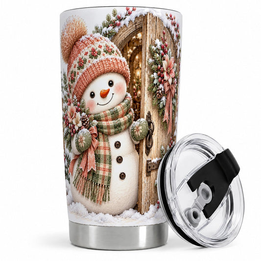 Christmas Snowman Cottage Door Tumbler 20oz, Winter Wreath Art