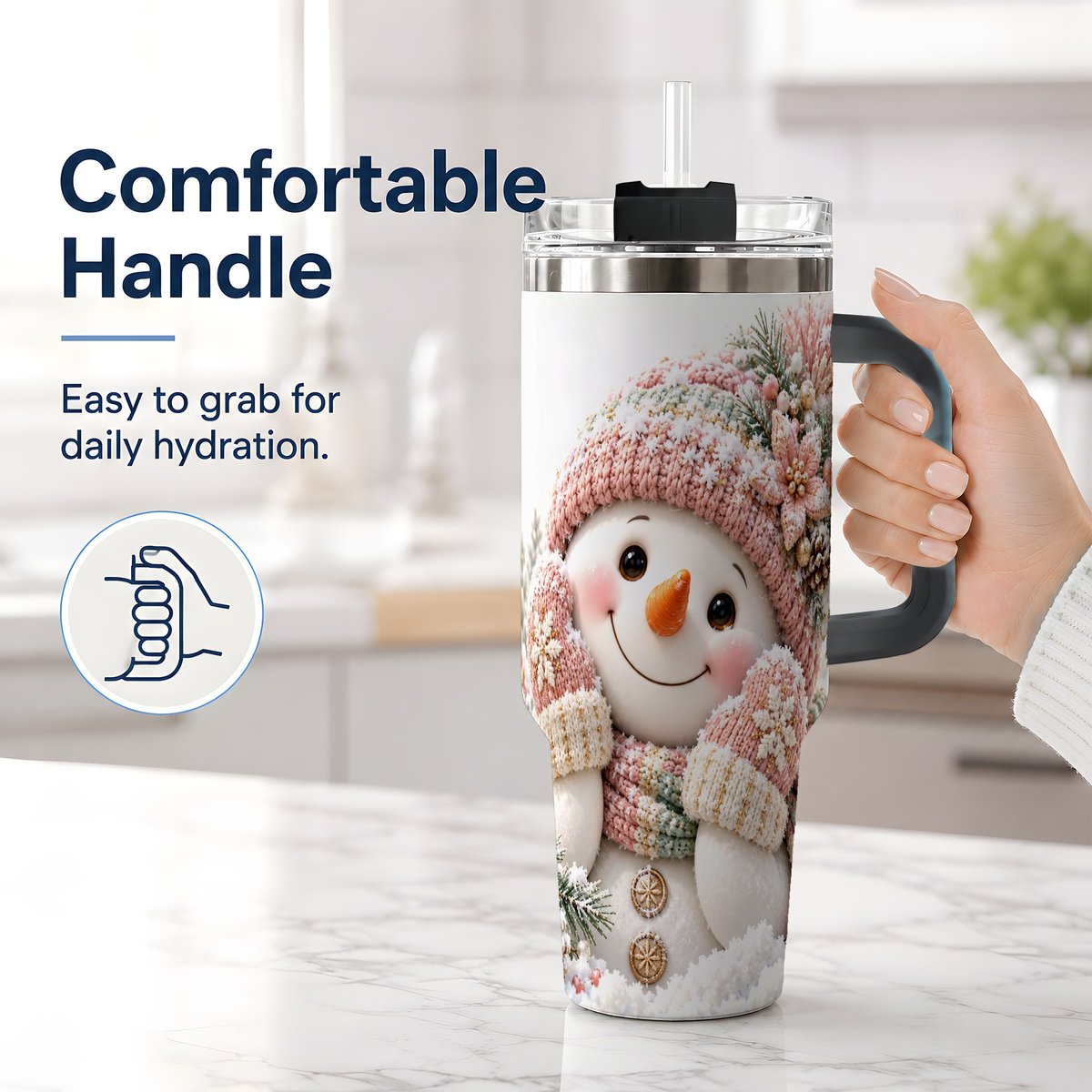 #pl[40oz|Black] Pink Christmas Snowman Tumbler 40oz, Knitted-Look Art