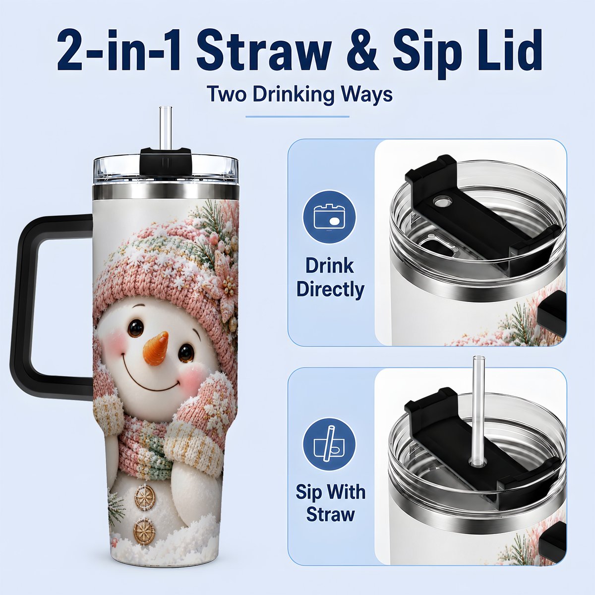 #pl[40oz|Black] Pink Christmas Snowman Tumbler 40oz, Knitted-Look Art