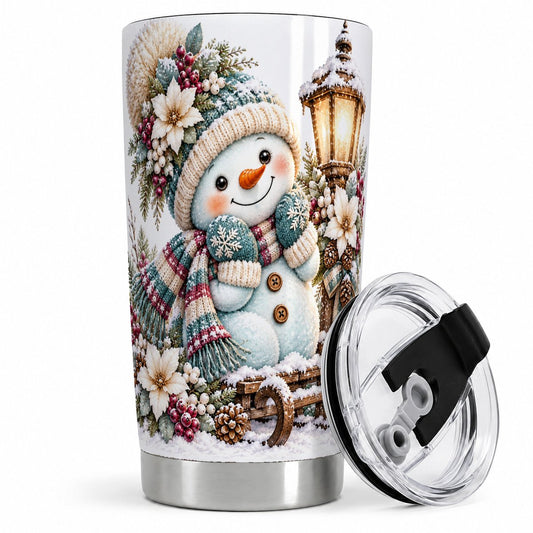 Christmas Snowman Sled Tumbler 20oz, Lantern Floral Art