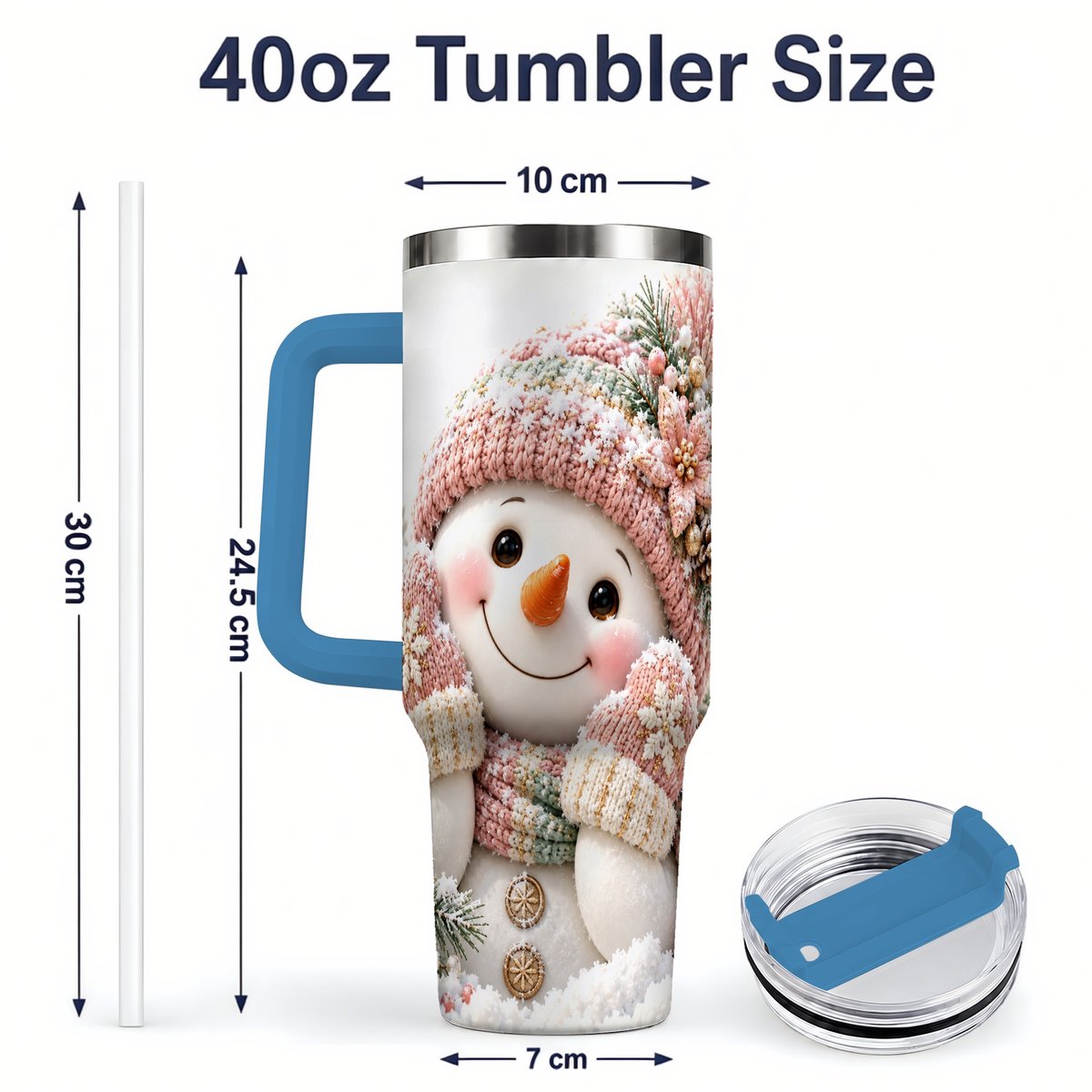 #pl[40oz|Blue] Pink Christmas Snowman Tumbler 40oz, Knitted-Look Art