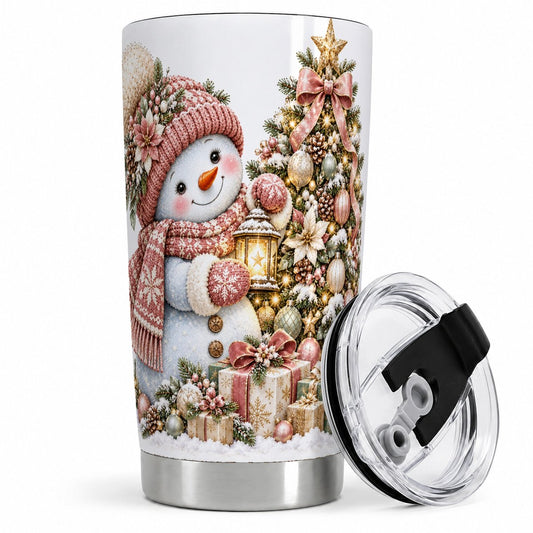 Christmas Snowman Tree Tumbler 20oz, Pink Winter Art