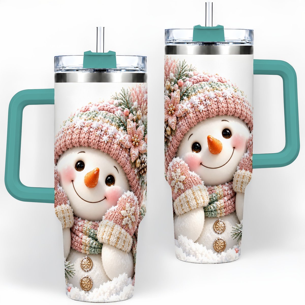#pl[40oz|Green] Pink Christmas Snowman Tumbler 40oz, Knitted-Look Art