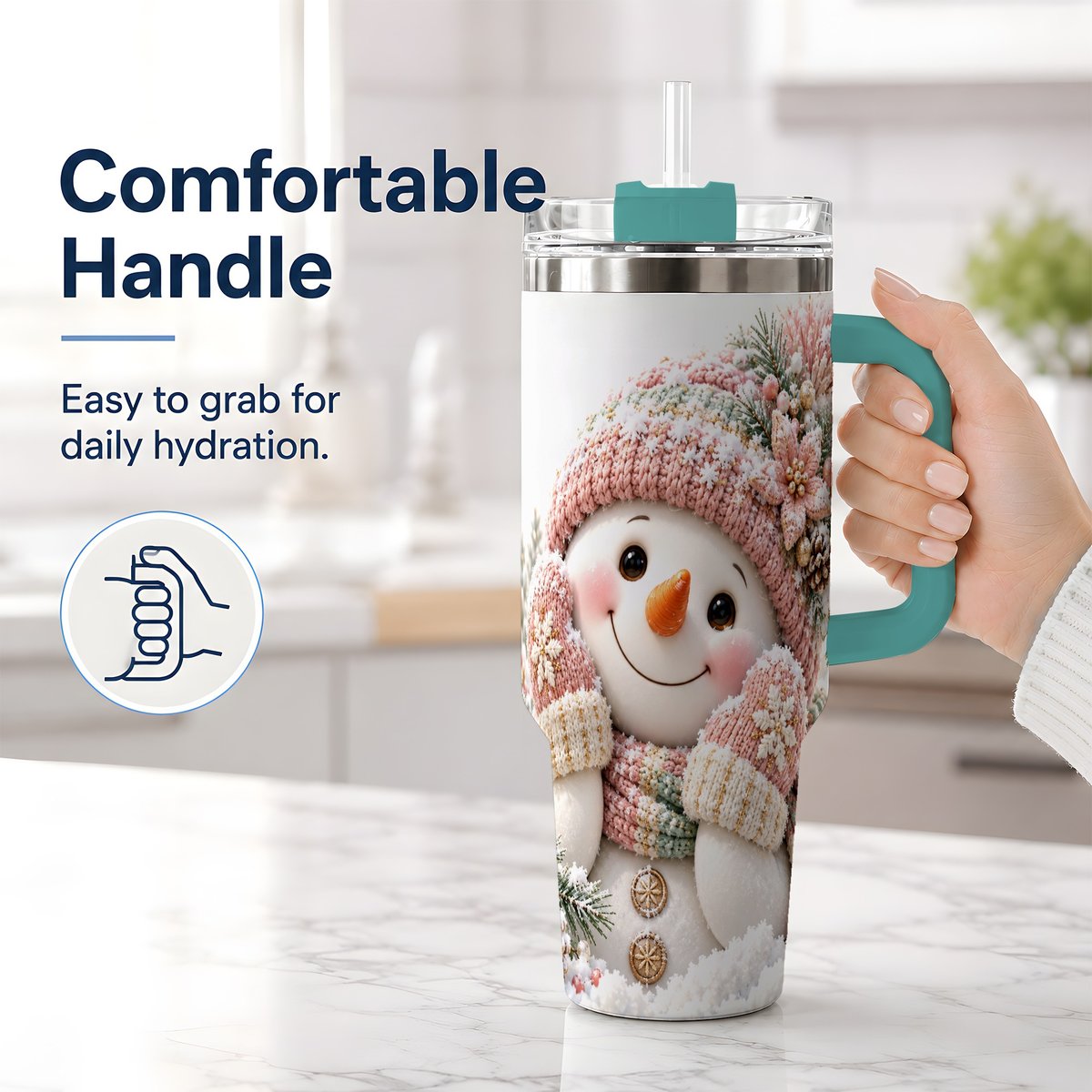 #pl[40oz|Green] Pink Christmas Snowman Tumbler 40oz, Knitted-Look Art