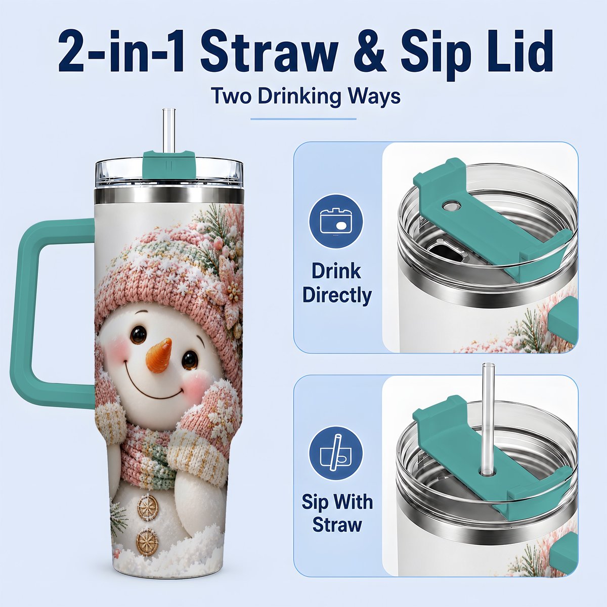 #pl[40oz|Green] Pink Christmas Snowman Tumbler 40oz, Knitted-Look Art