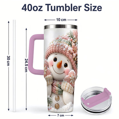 #pl[40oz|Pink] Pink Christmas Snowman Tumbler 40oz, Knitted-Look Art