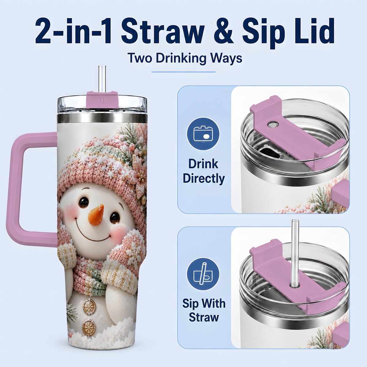 #pl[40oz|Pink] Pink Christmas Snowman Tumbler 40oz, Knitted-Look Art