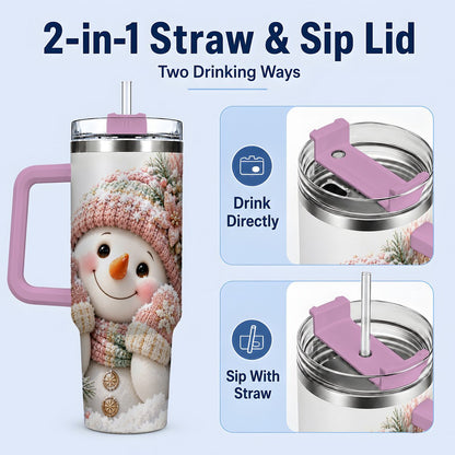 #pl[40oz|Pink] Pink Christmas Snowman Tumbler 40oz, Knitted-Look Art