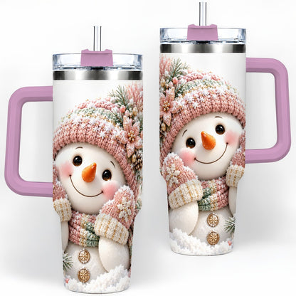 #pl[40oz|Pink] Pink Christmas Snowman Tumbler 40oz, Knitted-Look Art