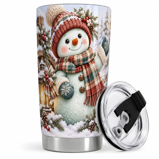 Winter Snowman Lantern Tumbler 20oz, Rustic Christmas Art