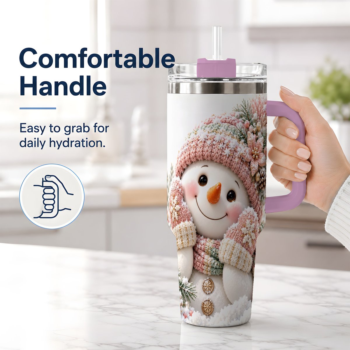 #pl[40oz|Pink] Pink Christmas Snowman Tumbler 40oz, Knitted-Look Art