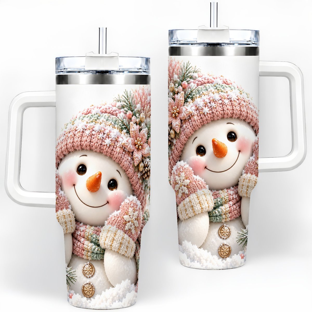 Pink Christmas Snowman Tumbler 40oz, Knitted-Look Art