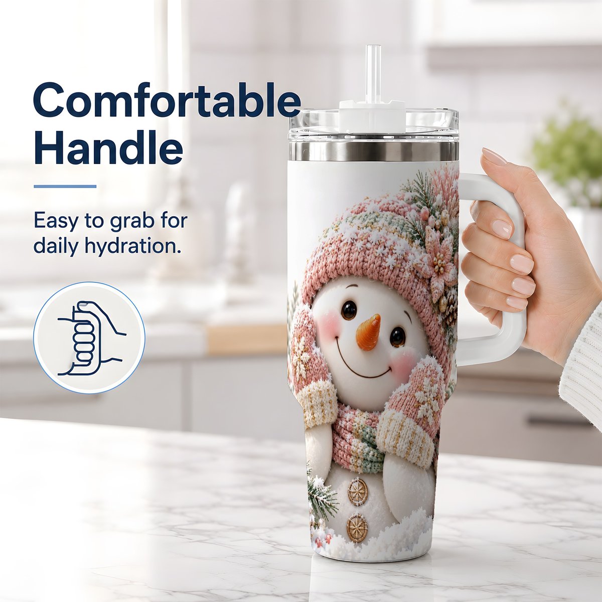 #pl[40oz|White] Pink Christmas Snowman Tumbler 40oz, Knitted-Look Art