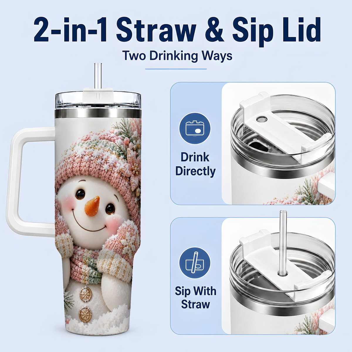 #pl[40oz|White] Pink Christmas Snowman Tumbler 40oz, Knitted-Look Art