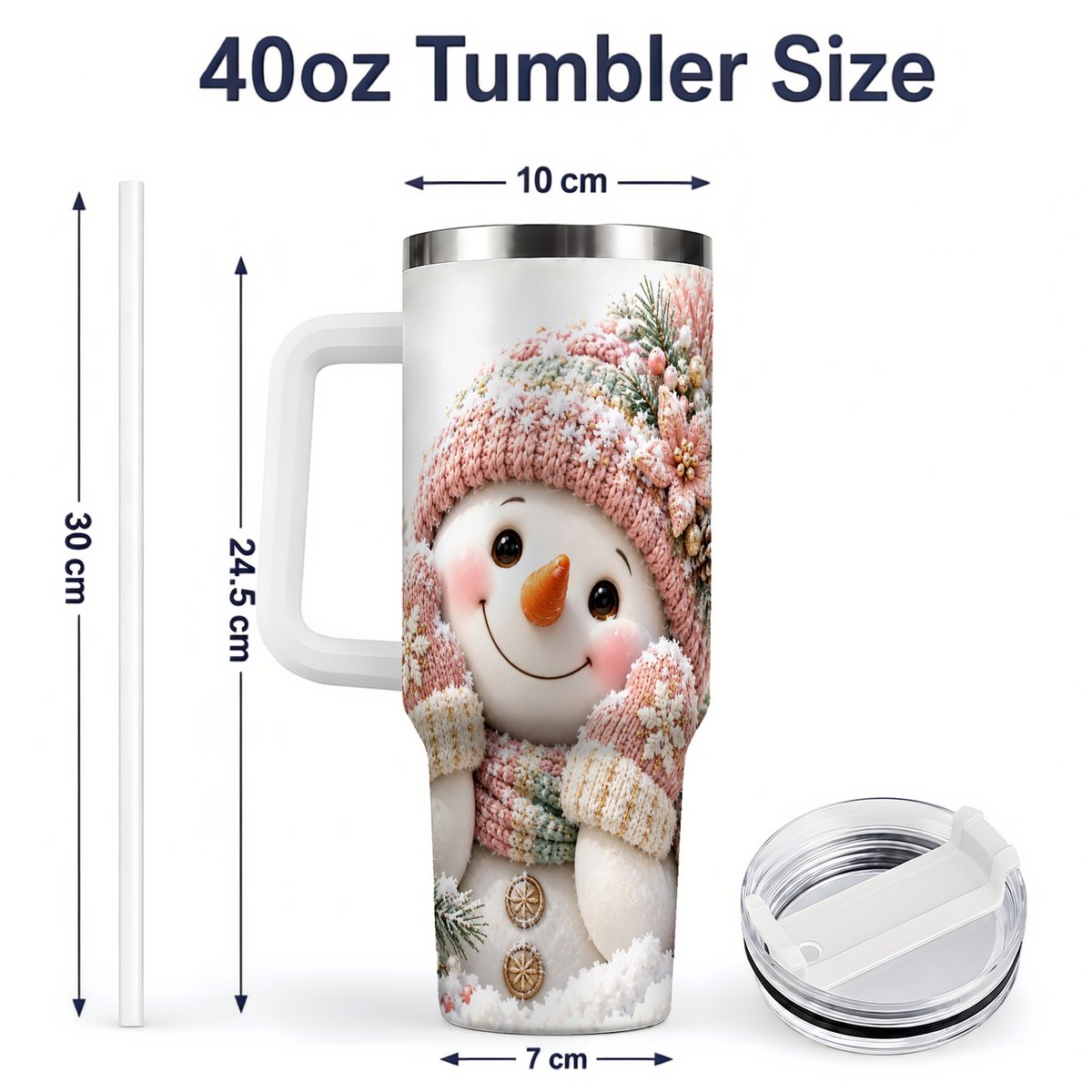 #pl[40oz|White] Pink Christmas Snowman Tumbler 40oz, Knitted-Look Art
