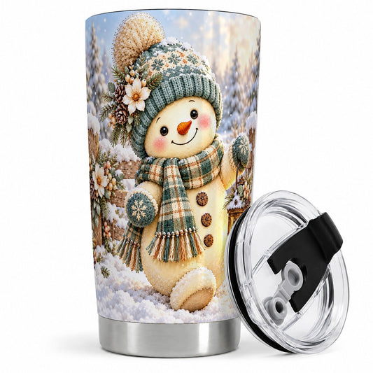 Winter Snowman Lantern Tumbler 20oz, Snowy Fence Art
