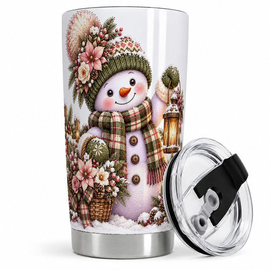 Christmas Snowman Flower Basket Tumbler 20oz, Rustic Art