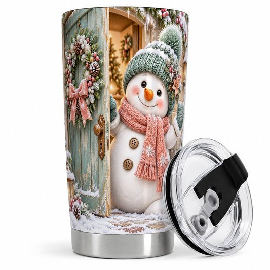 Christmas Snowman Door Wreath Tumbler 20oz, Winter Art