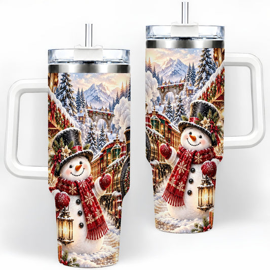 Christmas Snowman and Train Tumbler 40oz, Winter Village Art